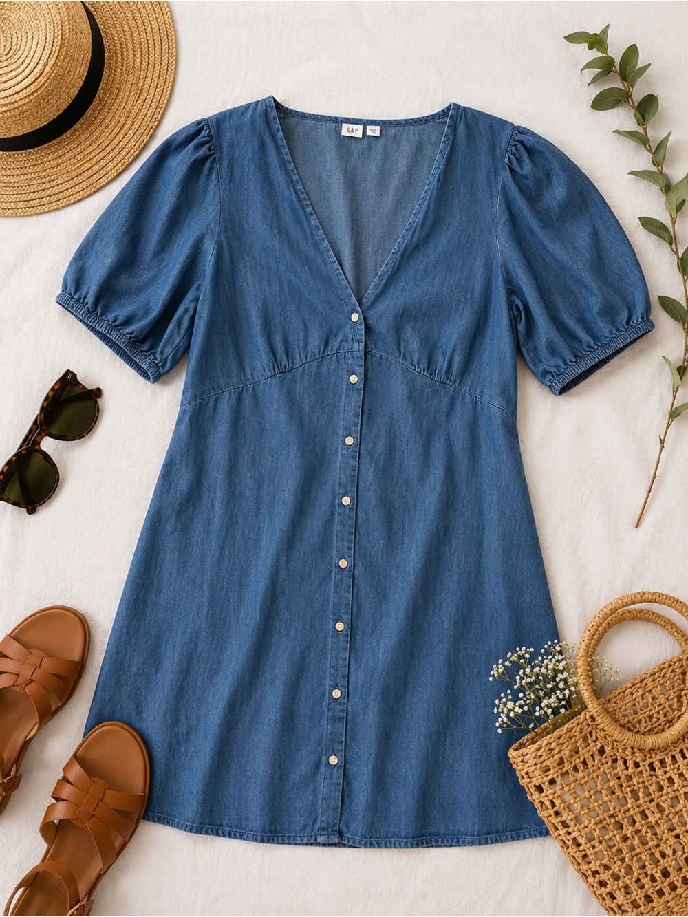 GAP 100% Cotton Chambray Puff Sleeve Button Front Dress Medium